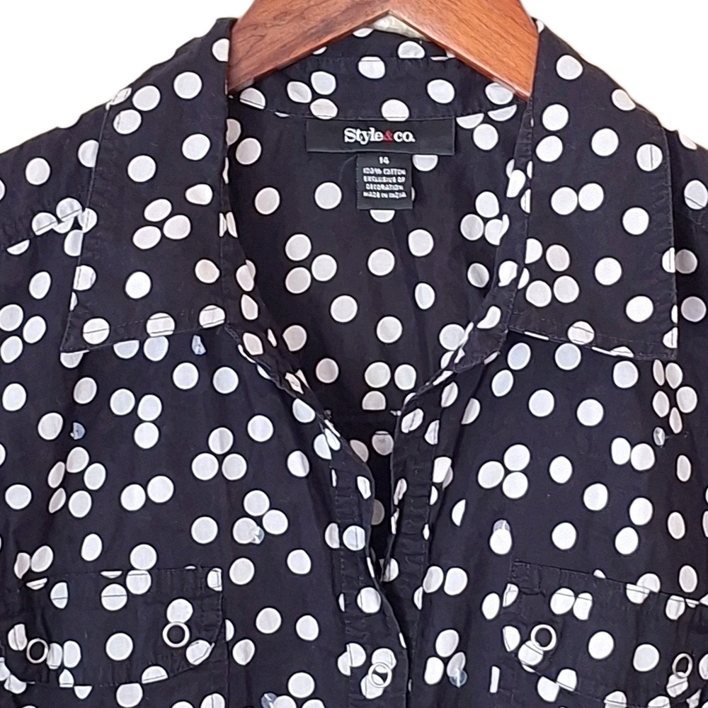 Style & Co Women's Shirt Black & White Polka Dot Button-Up Blouse Top Size 14